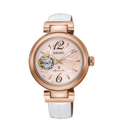 萬年鐘錶 - SEIKO 日本精工錶 LUKIA 熱愛生活 經典機械錶系列 優雅鏤空機械女錶 玫瑰金配白色皮革錶帶  SSA802J1 / 4R38-01L0L 錶徑 33.9MM