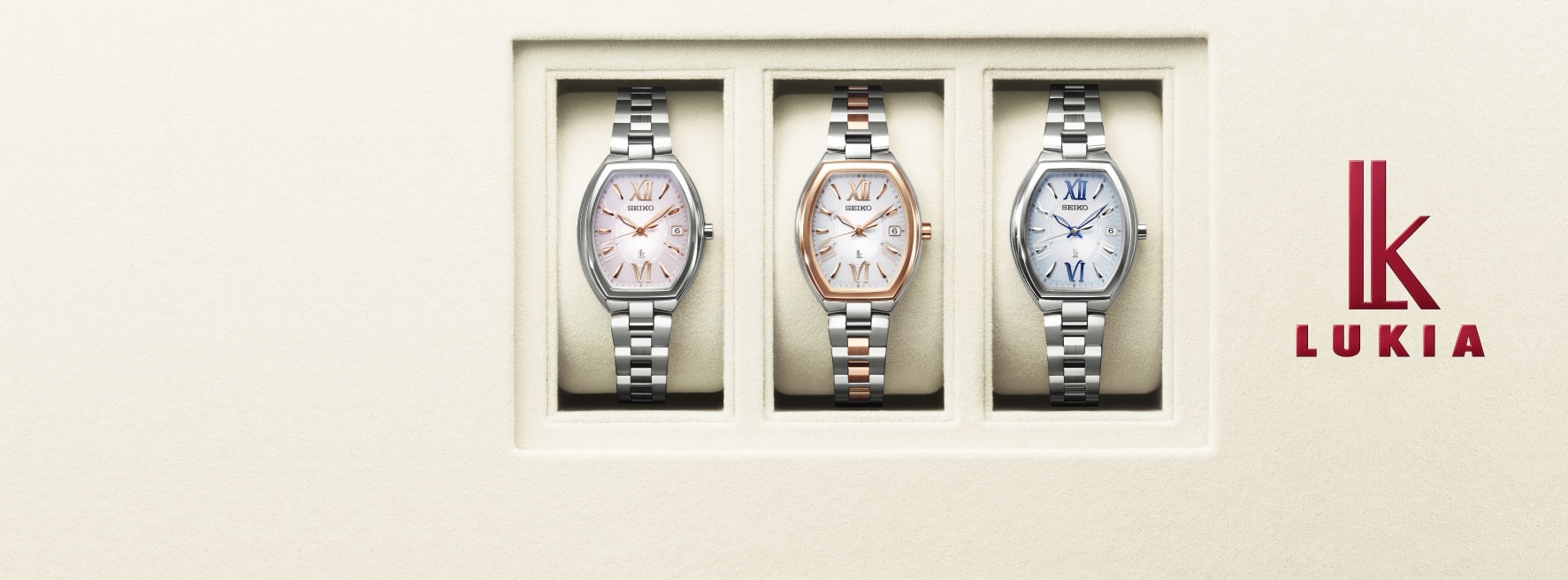 萬年鐘錶 - SEIKO 日本精工錶 LUKIA 系列 展望未來 此時此刻 太陽能電波腕錶 櫻花粉酒桶型女錶  SSQW025J / 1B22-0BY0P  錶徑 25.6MM