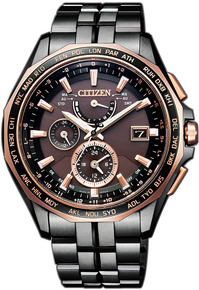 萬年鐘錶 - Citizen 星辰錶 GENT'S 時尚男錶  世界時間 電波對時 全黑玫瑰金框 鈦金屬系列腕錶  AT9096-73E 錶徑42.7MM