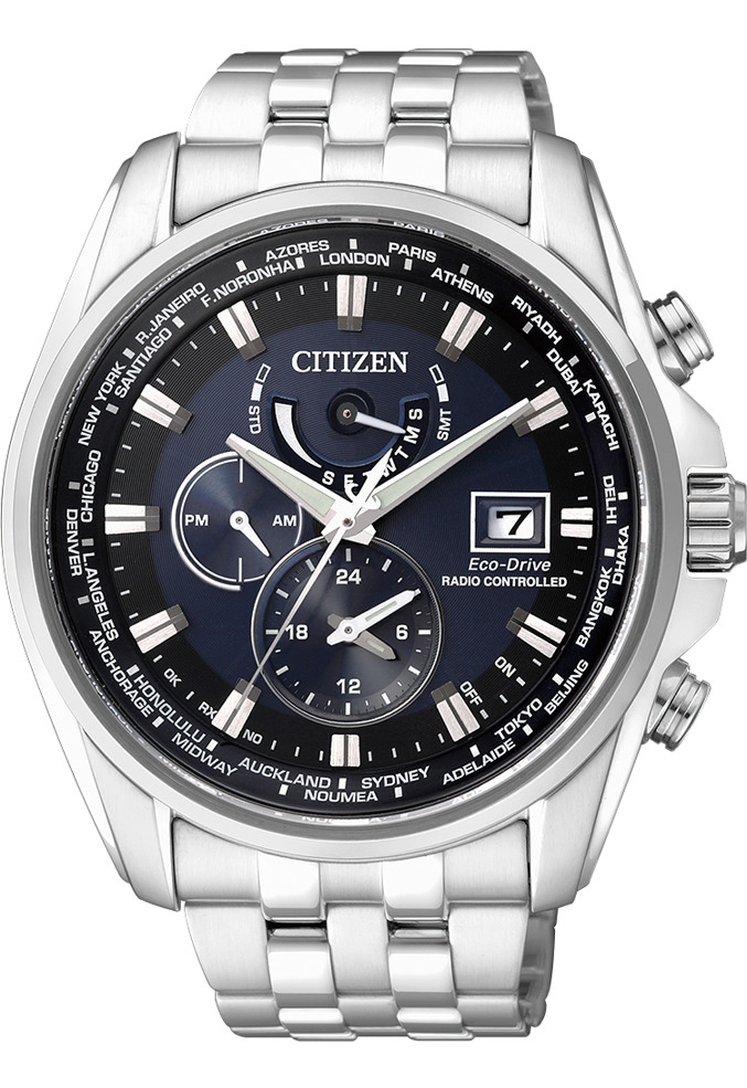 萬年鐘錶 - Citizen 星辰錶 世界時間 電波對時男錶 藍正龍廣告款 藍面不鏽鋼腕錶  AT9031-52L  錶徑46.2MM