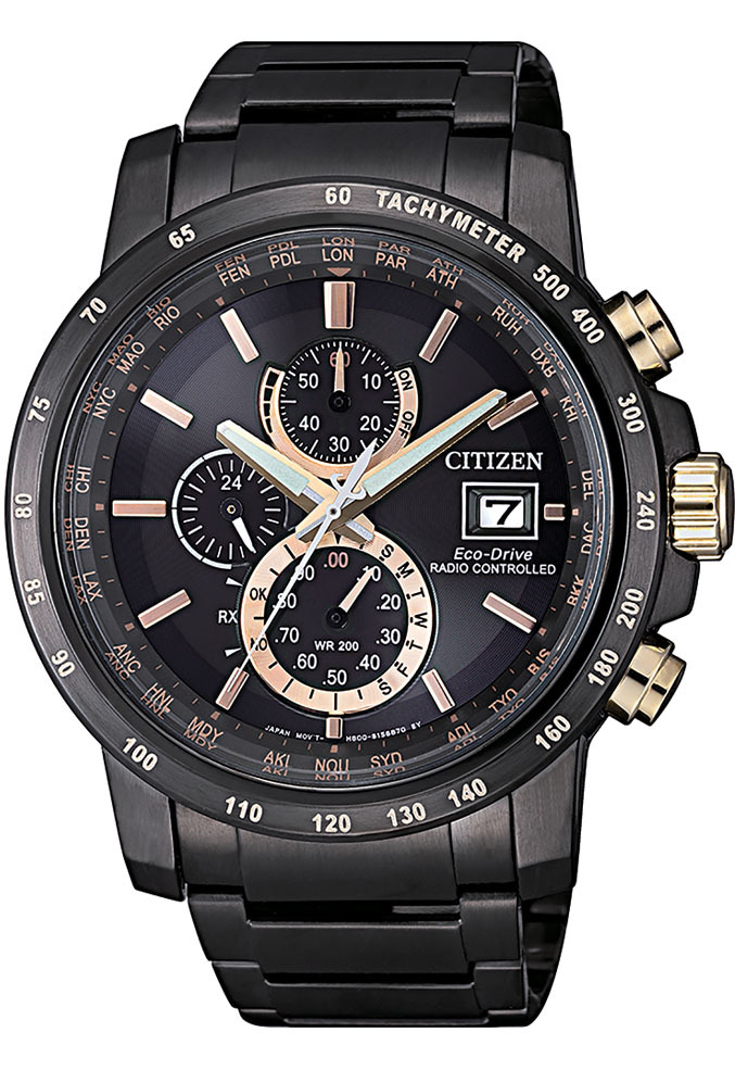 萬年鐘錶 - Citizen 星辰錶 GENT'S 時尚男錶  世界時間 電波對時 全黑不鏽鋼系列腕錶  AT8127-85F 錶徑43.1MM