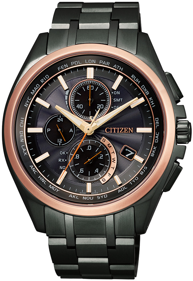萬年鐘錶 - Citizen 星辰錶 GENT'S 時尚男錶  世界時間 電波對時 黑面玫瑰金框全黑鈦金屬系列腕錶   AT8046-51E 錶徑41.5MM