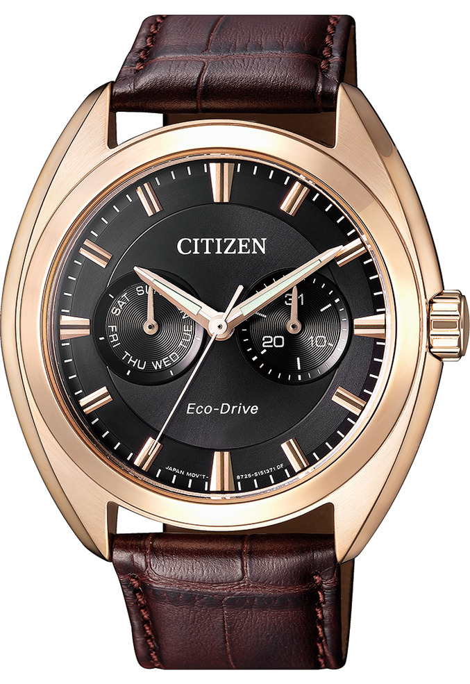 萬年鐘錶 - Citizen 星辰錶 GENT'S 時尚男錶  光動能系列 黑面玫瑰金框皮革腕錶  BU4018-11H 錶徑43.5MM