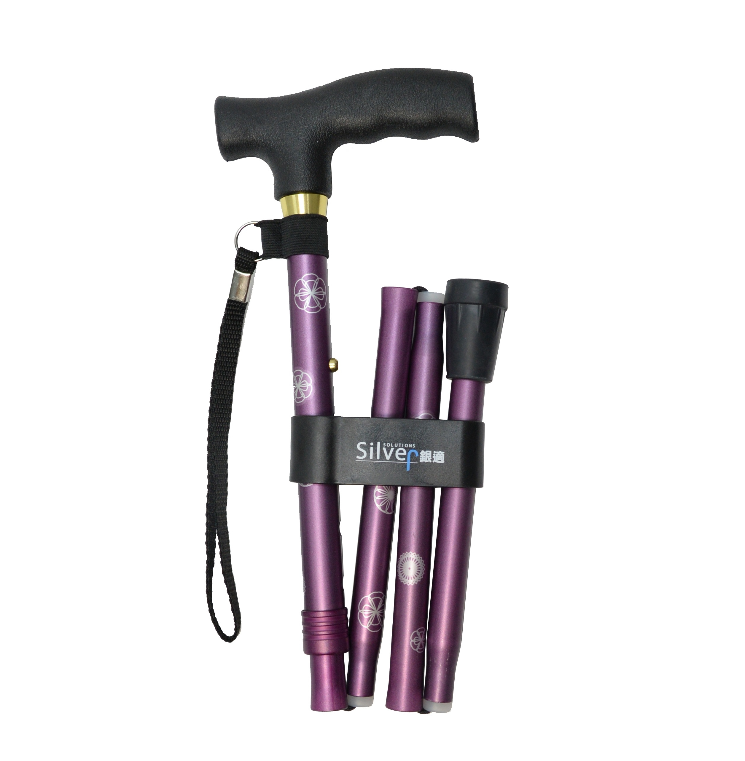 銀適 - 四段摺合式拐杖 (紫紅色-雪花)