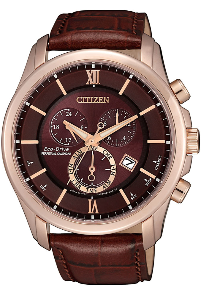 萬年鐘錶 - Citizen 星辰錶 GENT'S 時尚男錶  光動能系列  萬年曆 玫瑰金框皮革腕錶 BL5548-19X 錶徑43MM