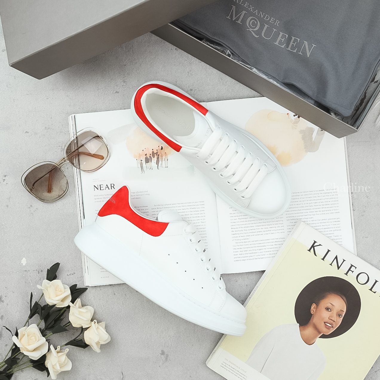 Alexander McQueen Oversize Sneaker 白色亮紅麂皮小牛皮運動鞋-Charline Boutique 精品代購