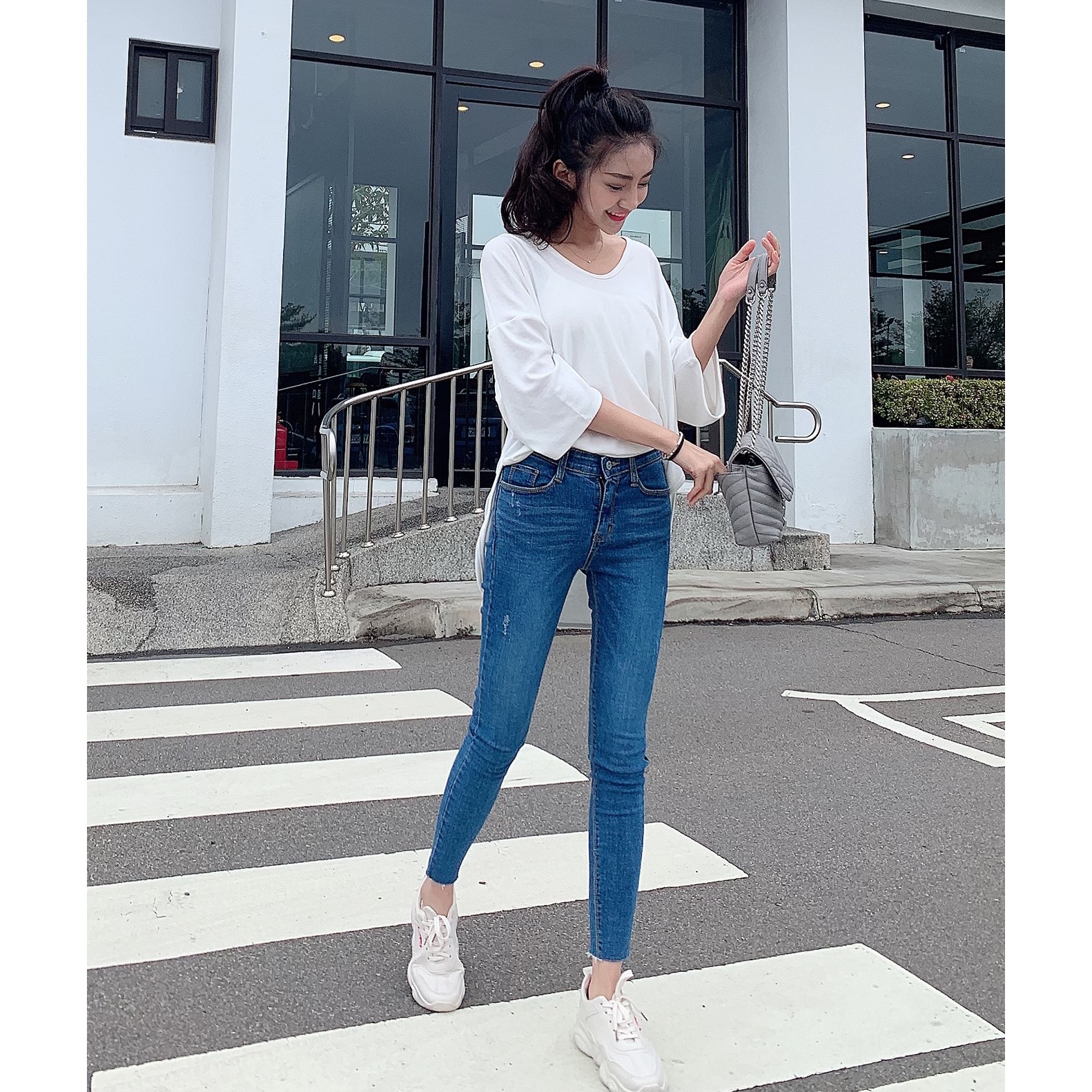 ［激瘦加大尺碼款］🇰🇷正韓高腰內鬆緊腰顯瘦彈性刷色合身牛仔褲（S-3XL）