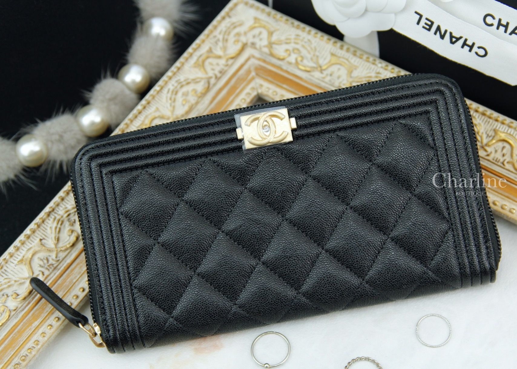 Chanel Boy Zipped Wallet 黑色金CC荔枝紋拉鍊長夾