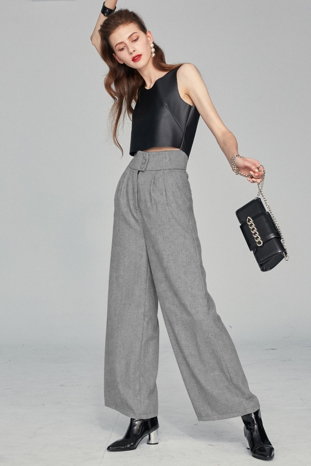 高腰毛料打摺褲(現貨)