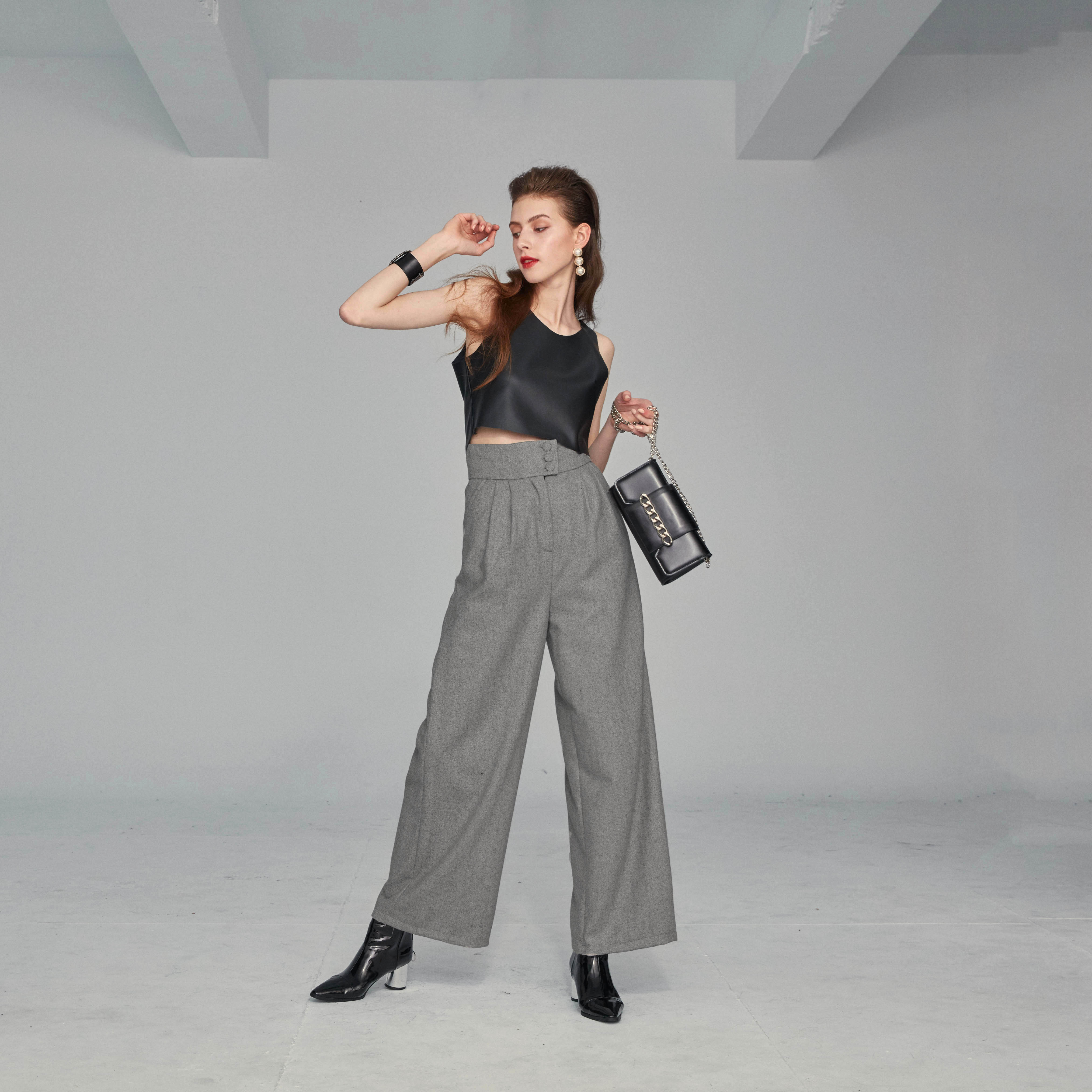 高腰毛料打摺褲(現貨)