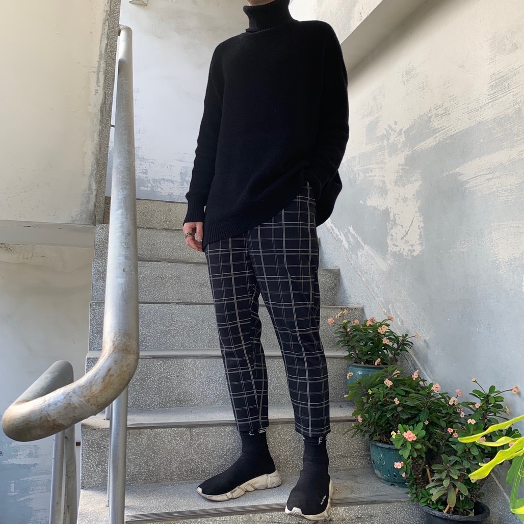 韓國 新款 黑藍/深藍棕  格紋 九分 彈性褲