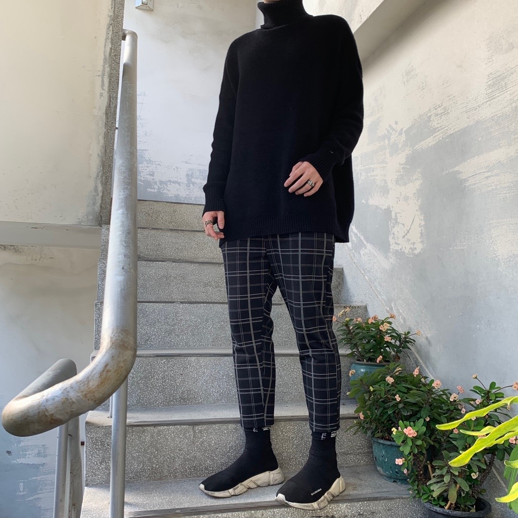 韓國 新款 黑藍/深藍棕  格紋 九分 彈性褲