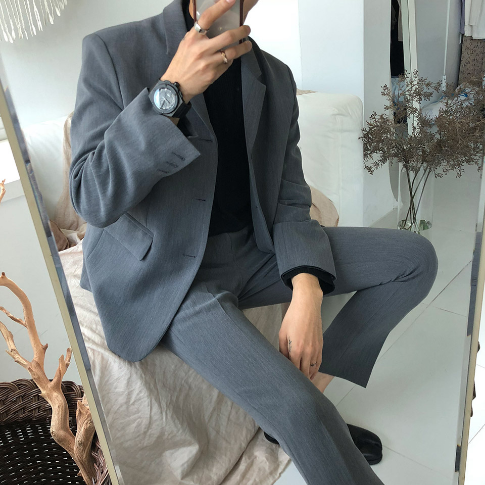 灰色質感小寬鬆西裝套裝 / S / 不提供退換貨