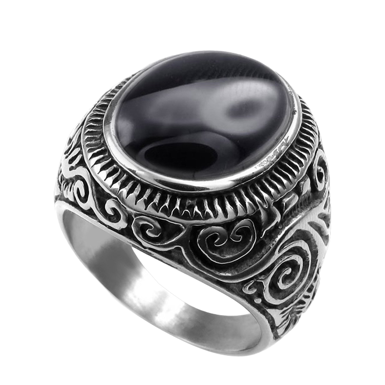 白鋼戒指，男士戒指 黑瑪瑙圖騰；古典花紋設計元素（3386黑瑪瑙）