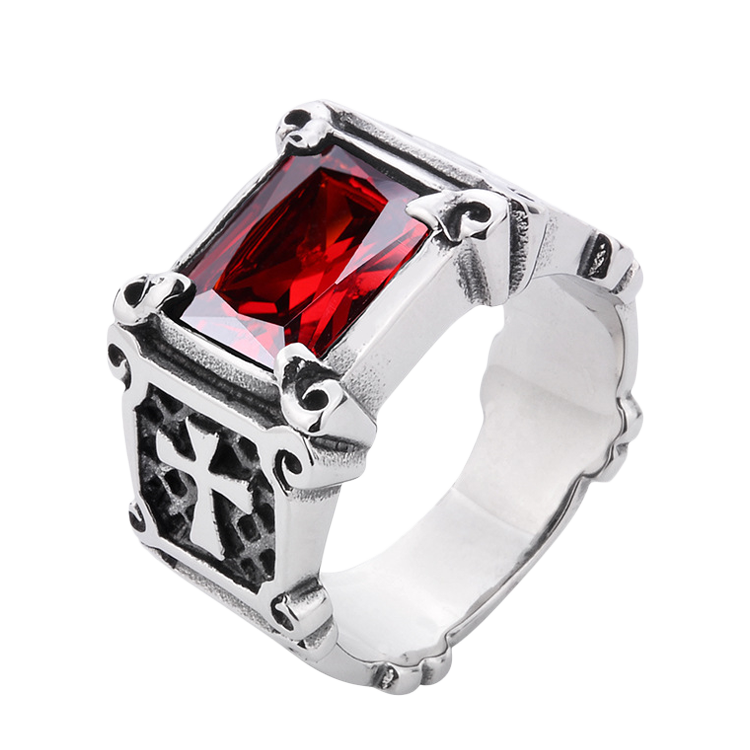 白鋼戒指，男士戒指 寶石元素；中世紀貴族公爵（1879紅色）