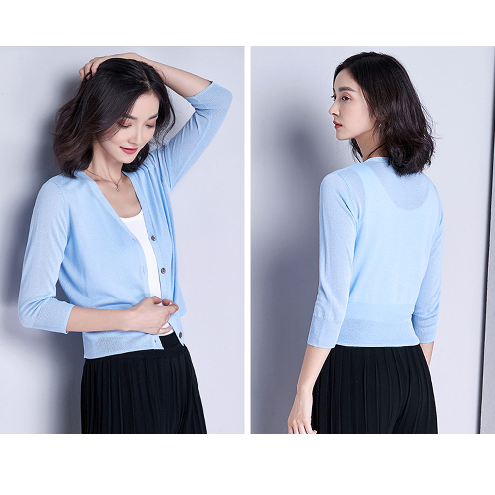 DEER.W開襟冰絲針織短版外套 淺藍