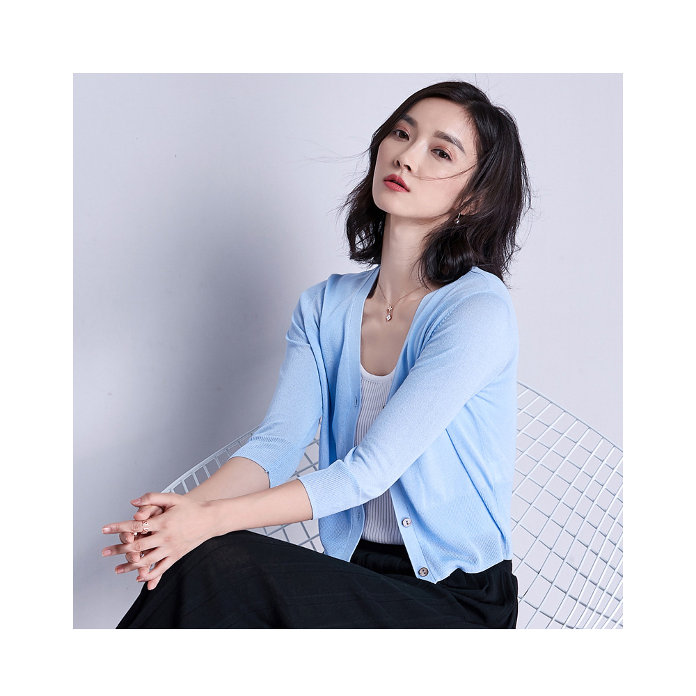 DEER.W開襟冰絲針織短版外套 淺藍