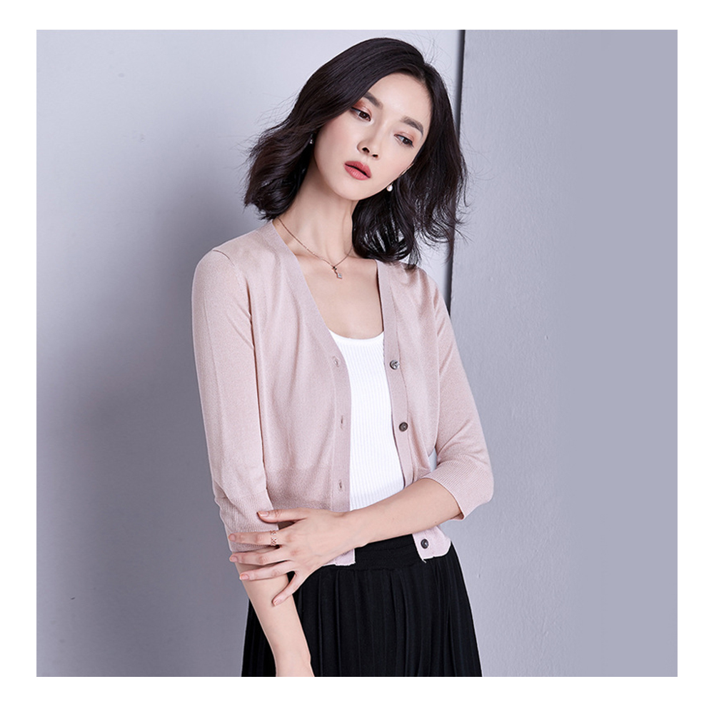 DEER.W開襟冰絲針織短版外套 淺杏