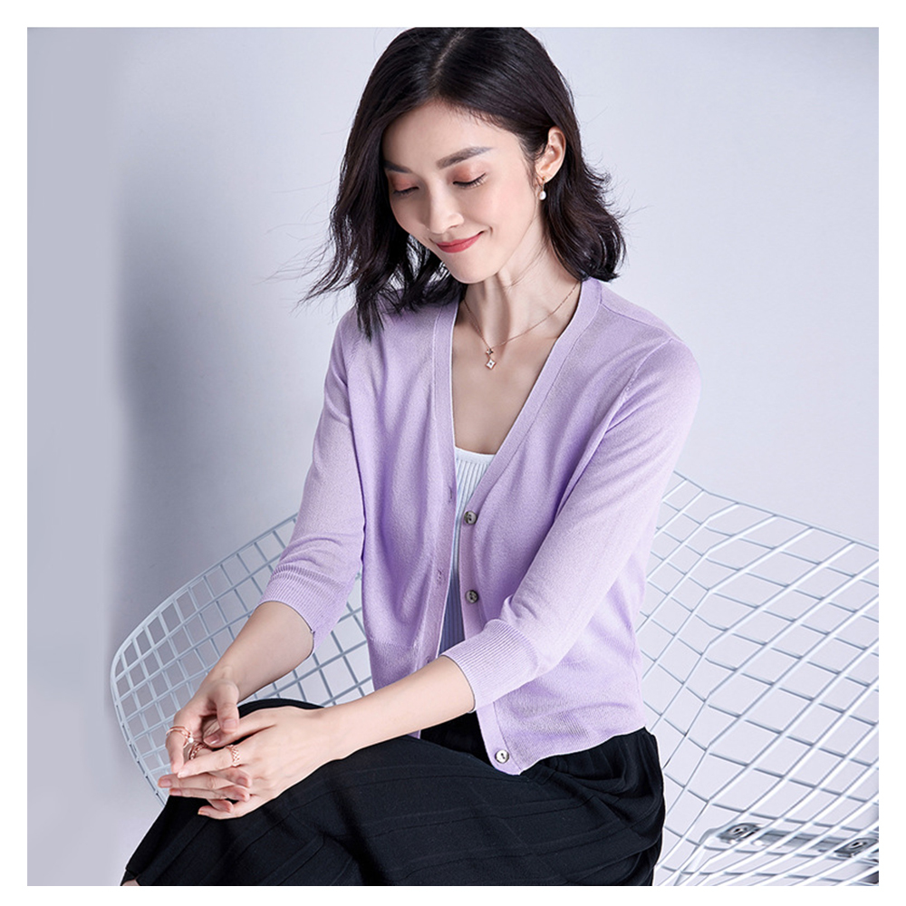 DEER.W開襟冰絲針織短版外套 粉紫