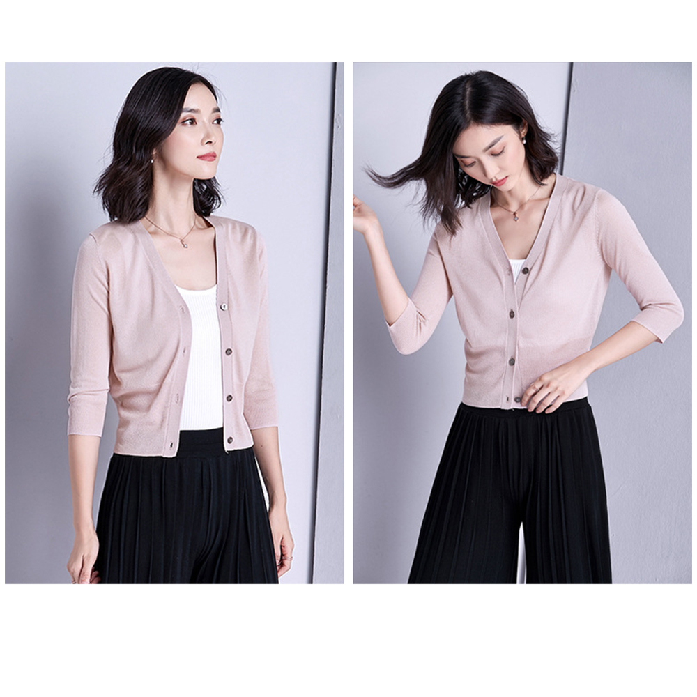 DEER.W開襟冰絲針織短版外套 淺杏