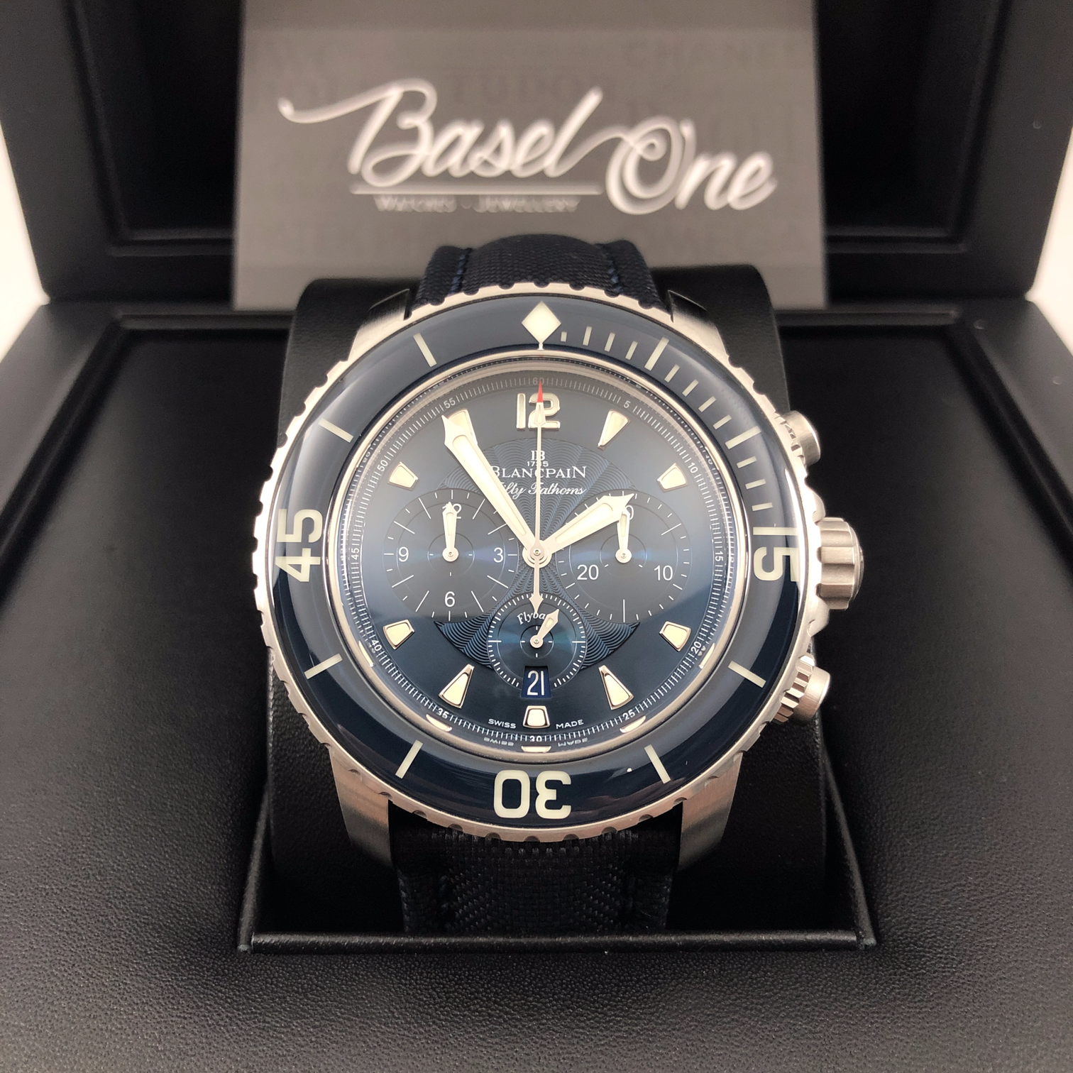 BRAND NEW BLANCPAIN FIFTY FATHOMS 5085F.B-1140-52B BLUE DIAL CHRONOGRAPHE FLYBACK WITH CANVAS STRAP
