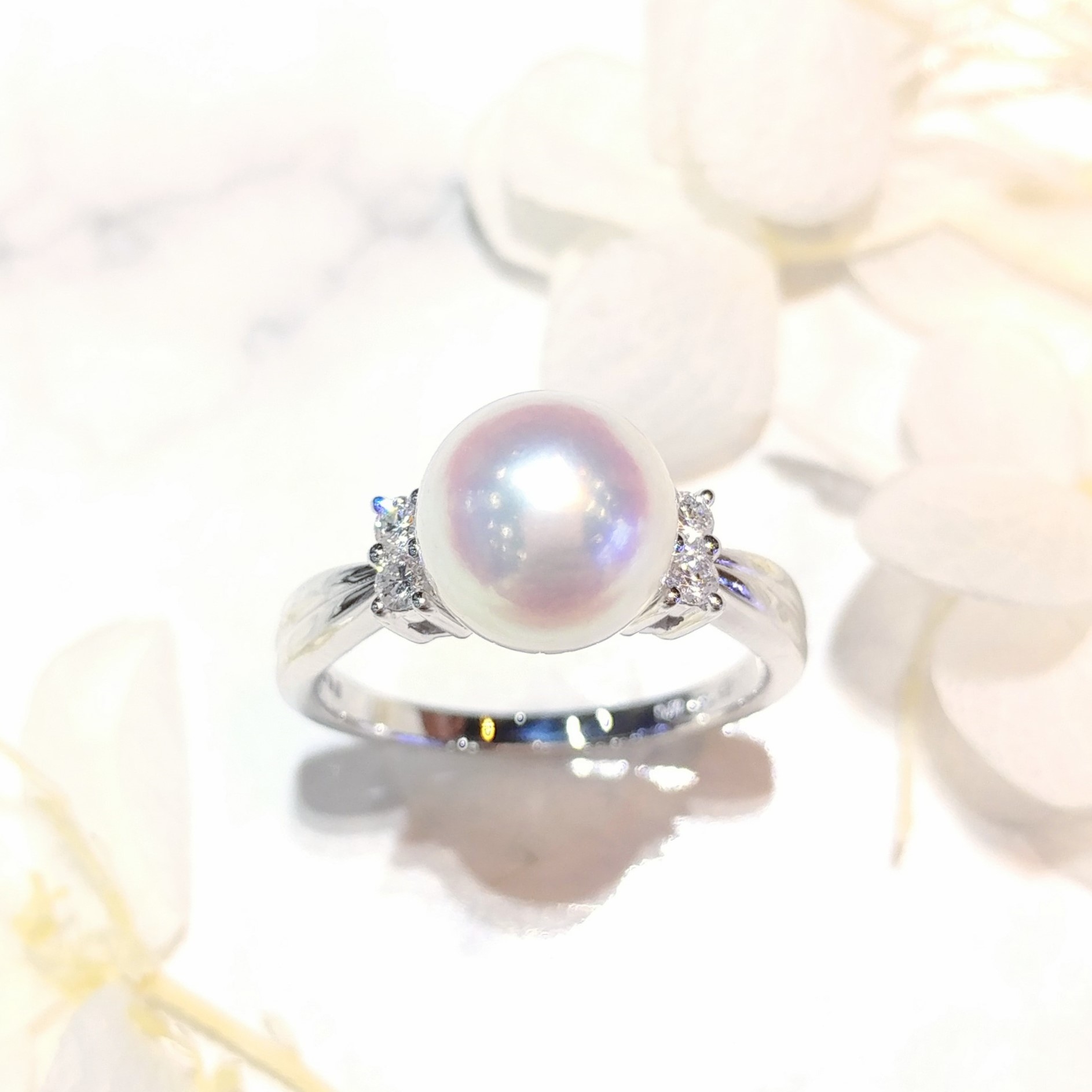 全新18K白金10份鑽石珍珠戒指