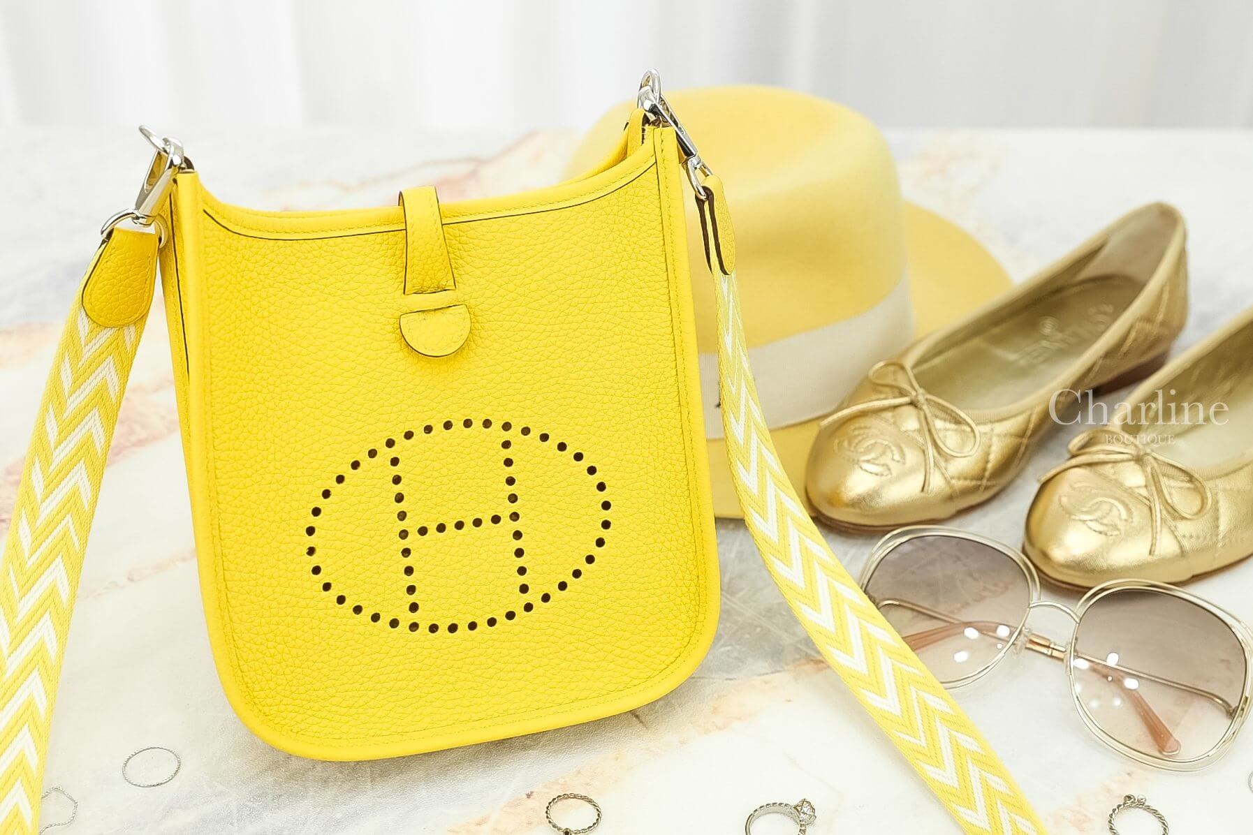 Hermès Evelyne TPM 16cm 9O Jaune de Naples Taurillon Clemence 那不勒斯黃N字型背帶簍空洞洞肩背包