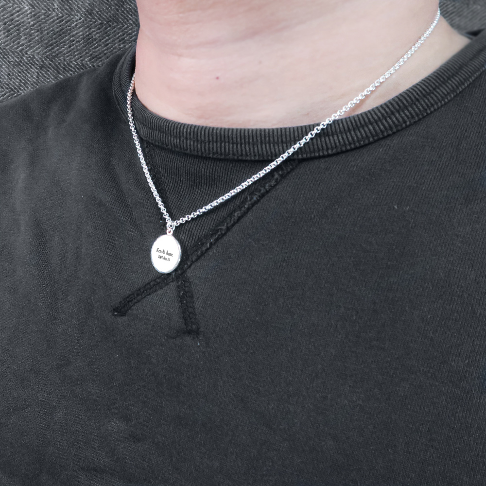 手感鍛紋系列 男款圓形刻字項鍊  925純銀客製化項鍊