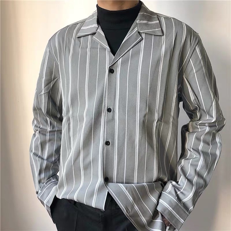 韓國 直條紋寬鬆西裝領灰襯衫