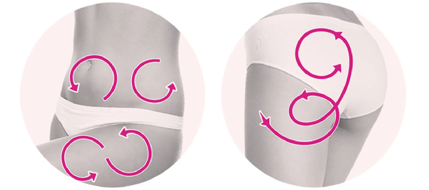 每天早晚按摩上腹部、臀部、和大腿，配合深度而緩慢的按摩手法，促進血液循環並且幫助緊實肌膚。