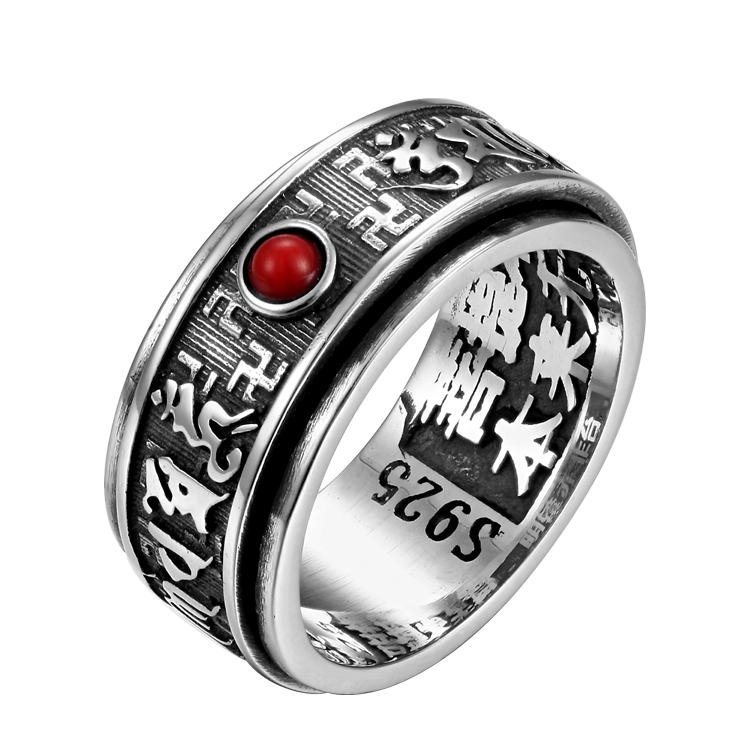 純銀戒指，男士戒指 六字箴言大明咒；佛教銀飾不可或缺的靈魂 可旋轉設計（8920）