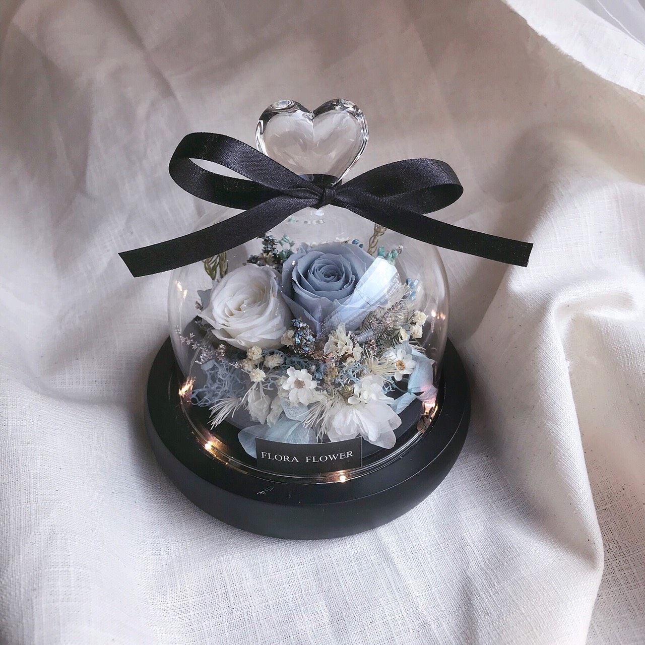 永生花愛心玻璃罩夜燈-白藍