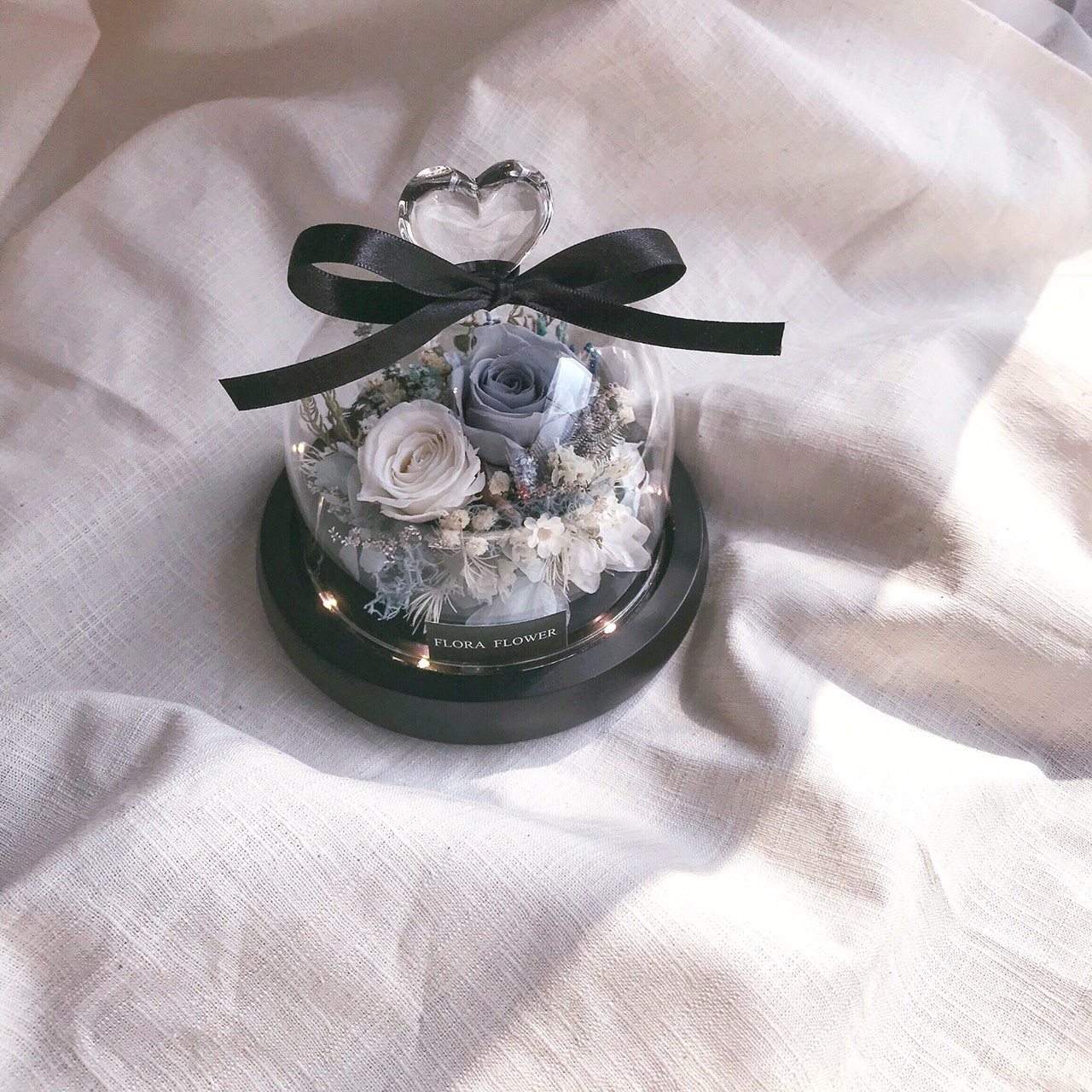 永生花愛心玻璃罩夜燈-白藍