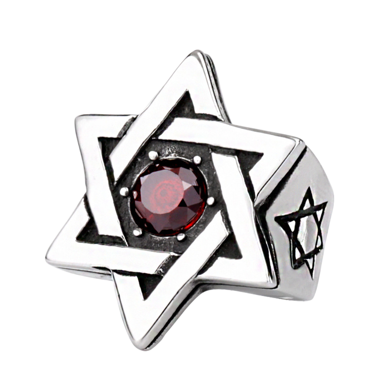 白鋼戒指，男士戒指 六角星鑲單鑽；源自古老宗派所羅門之星（5929紅色）
