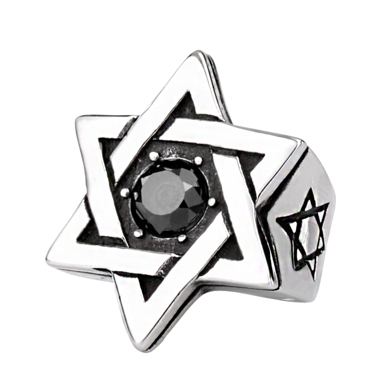 白鋼戒指，男士戒指 六角星鑲單鑽；源自古老宗派所羅門之星（5929黑色）
