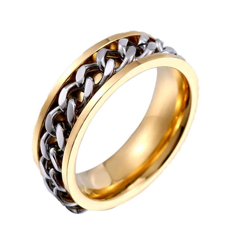白鋼戒指，男士戒指 繽紛多色Racing Style巧思；鎖鏈旋轉設計 可當項鍊（7065金色）