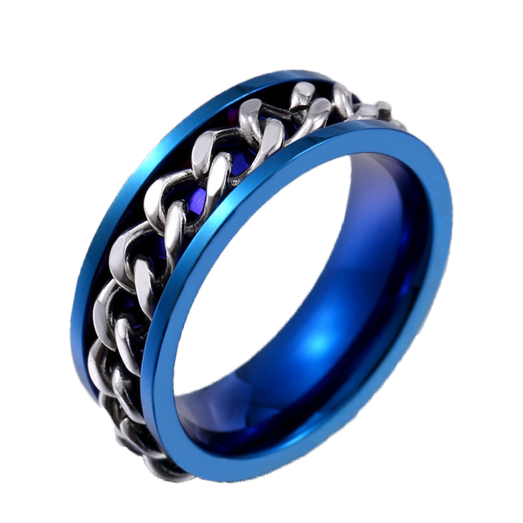 白鋼戒指，男士戒指 繽紛多色Racing Style巧思；鎖鏈旋轉設計 可當項鍊（7065藍色）