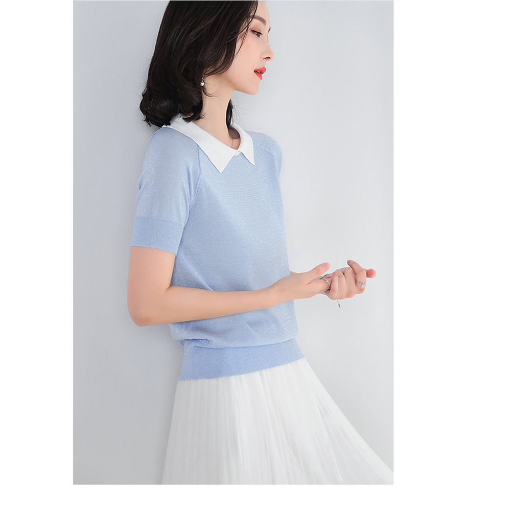 DEER.W配色襯衫領金絲針織上衣 藍色