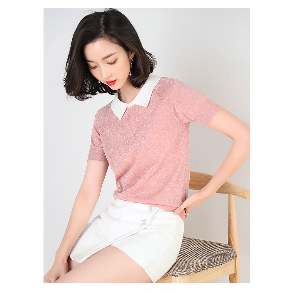 DEER.W配色襯衫領金絲針織上衣 粉色