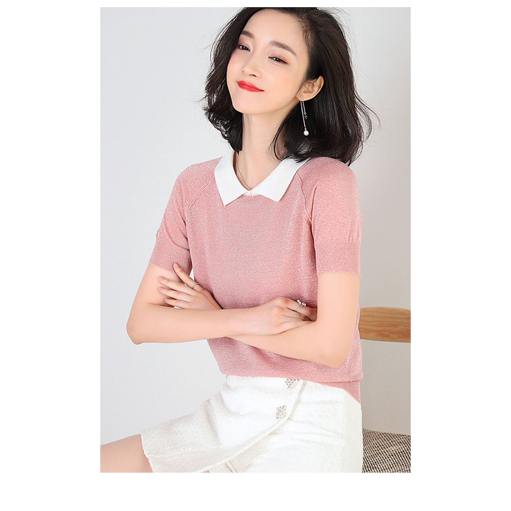 DEER.W配色襯衫領金絲針織上衣 粉色