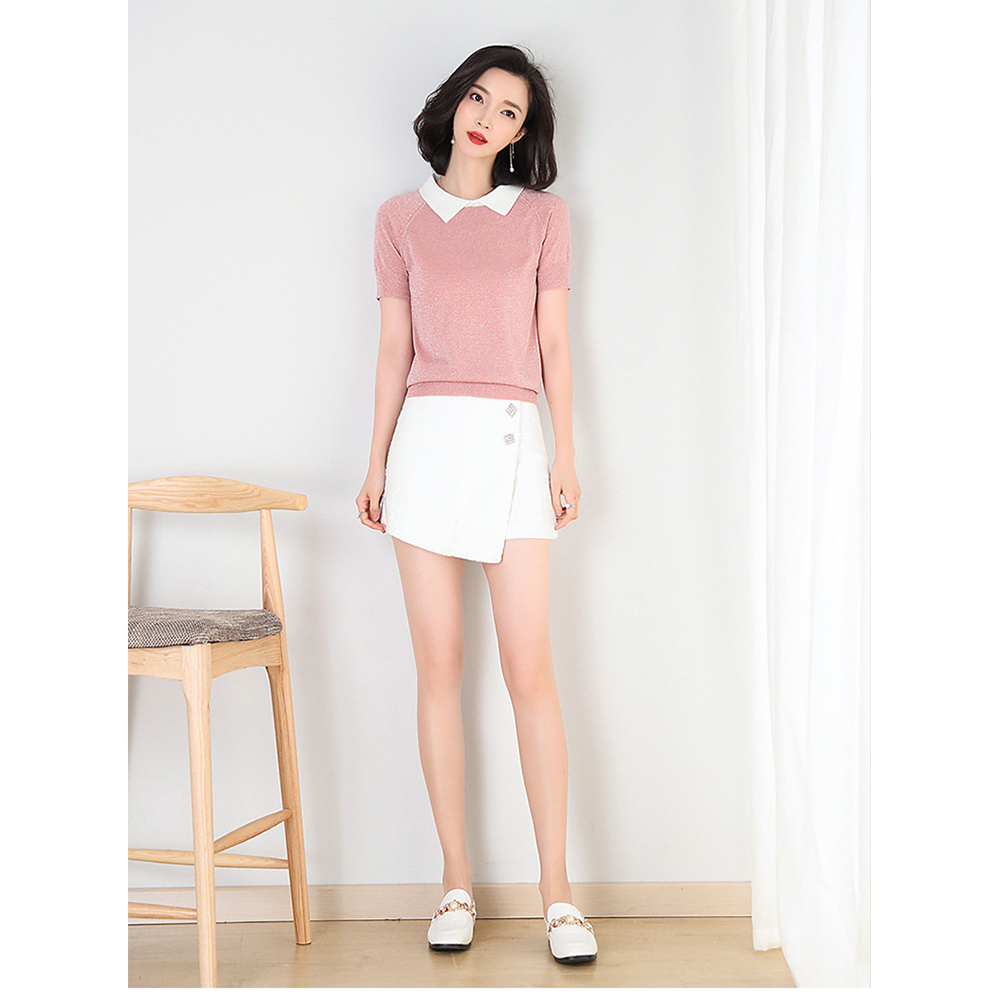 DEER.W配色襯衫領金絲針織上衣 粉色