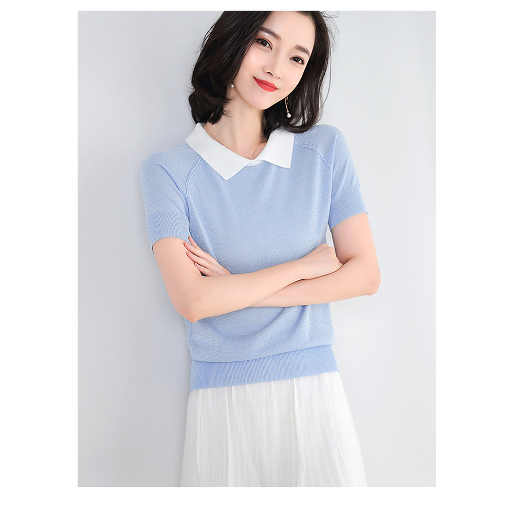 DEER.W配色襯衫領金絲針織上衣 藍色