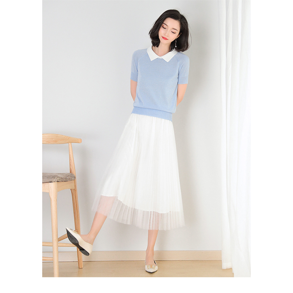 DEER.W配色襯衫領金絲針織上衣 藍色