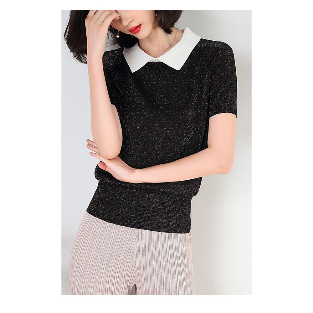 DEER.W配色襯衫領金絲針織上衣 黑色