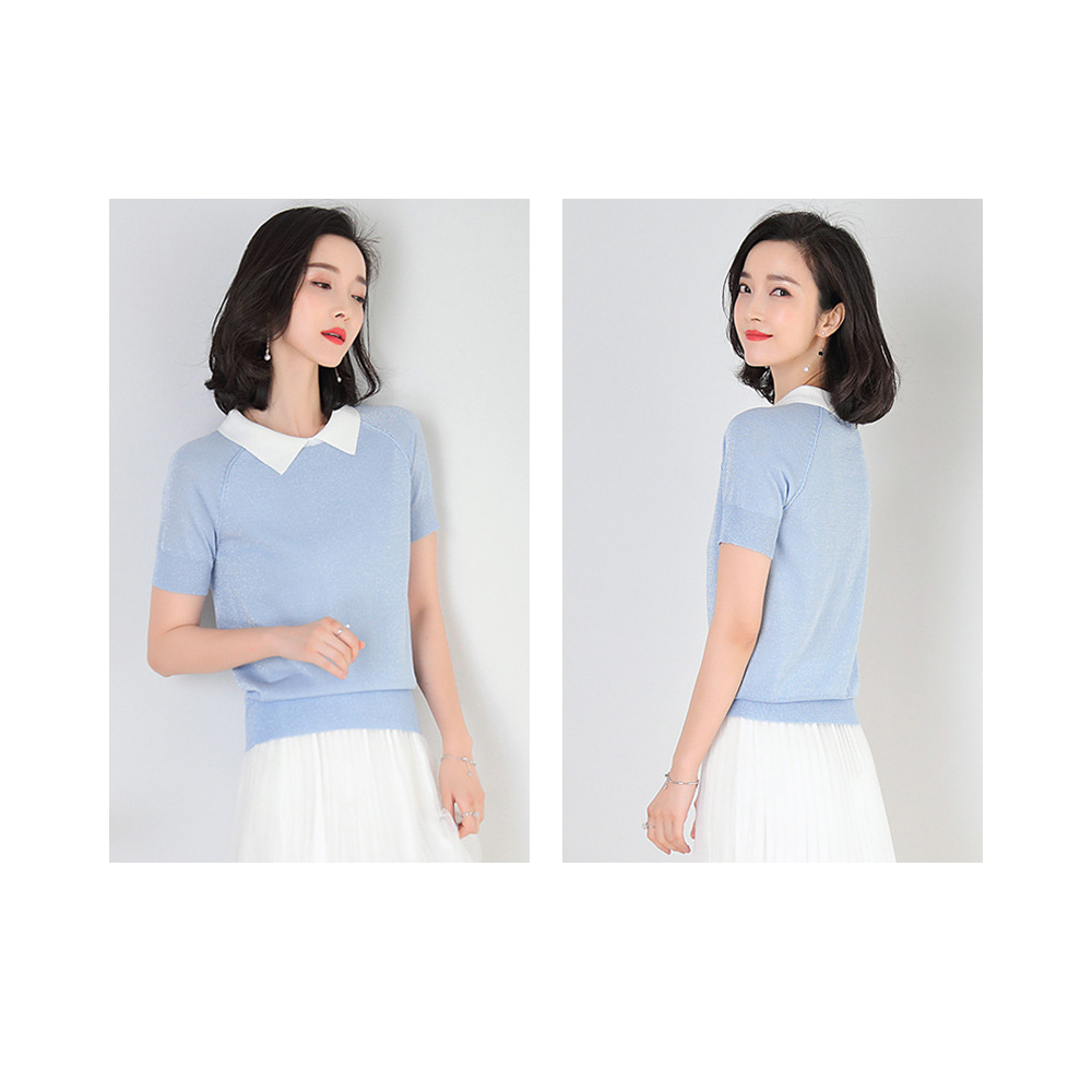 DEER.W配色襯衫領金絲針織上衣 藍色