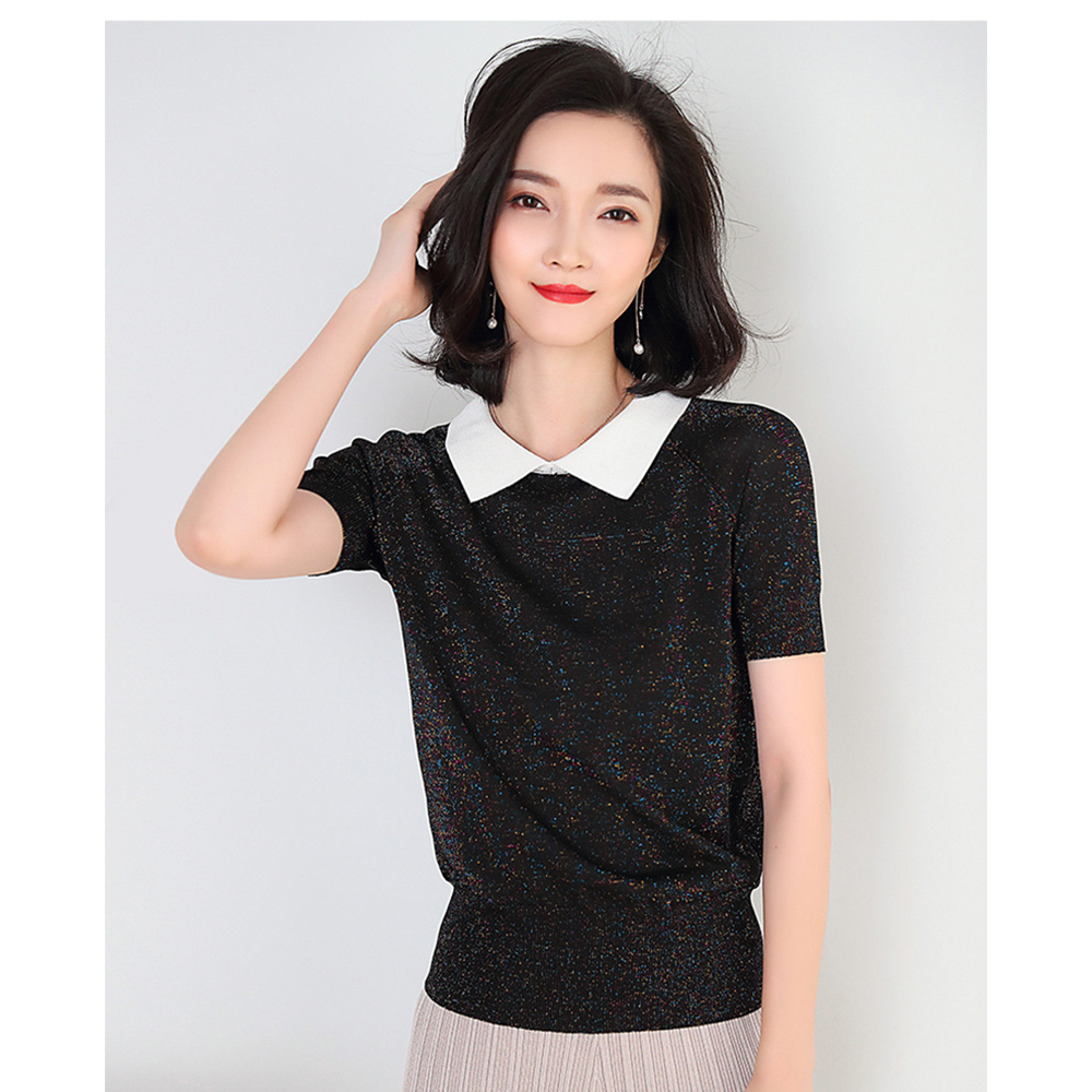 DEER.W配色襯衫領金絲針織上衣 黑色