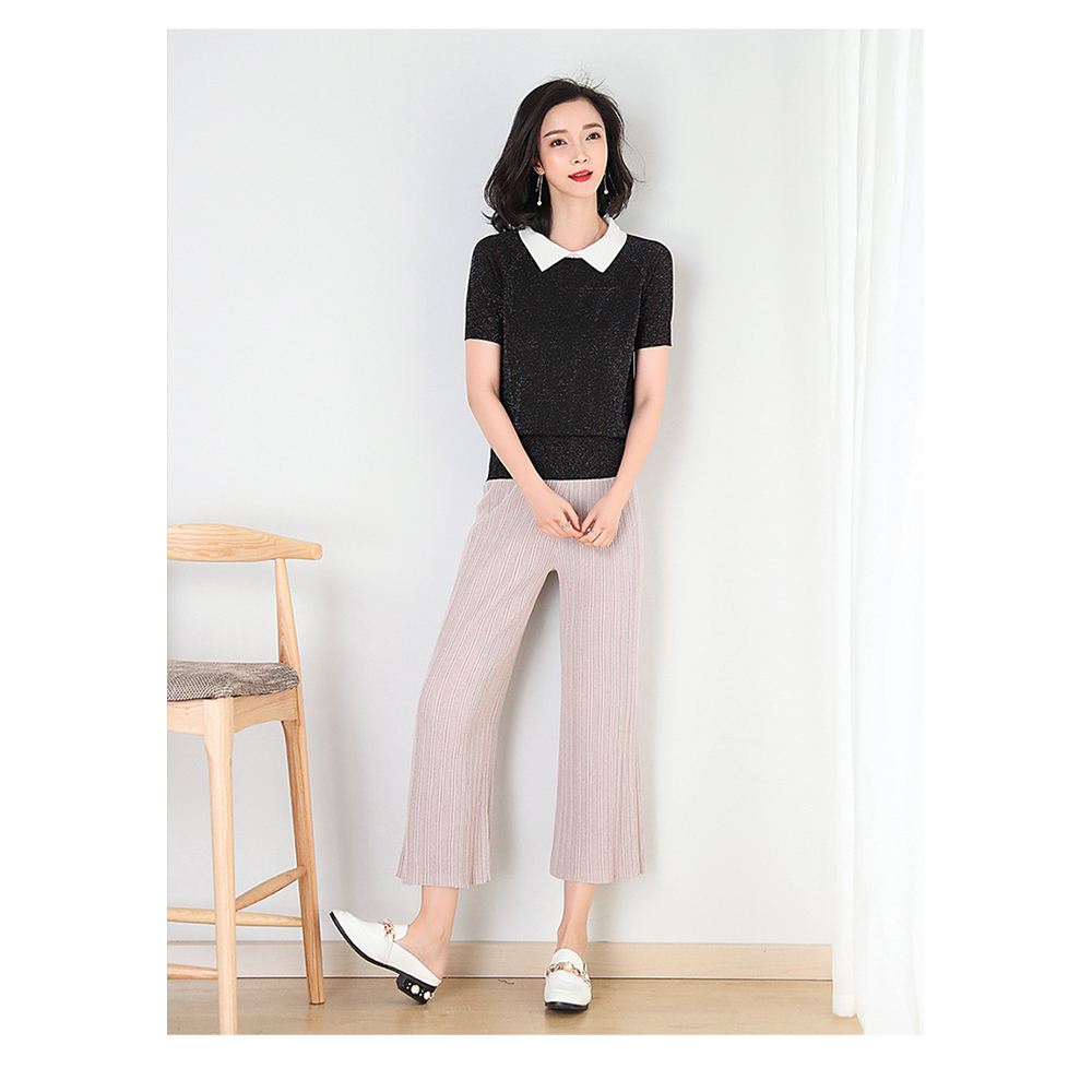 DEER.W配色襯衫領金絲針織上衣 黑色