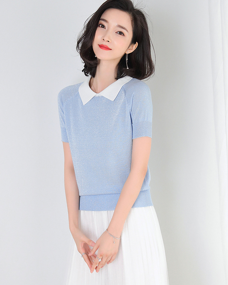 黑S【零碼出清不退換】配色襯衫領金絲針織上衣