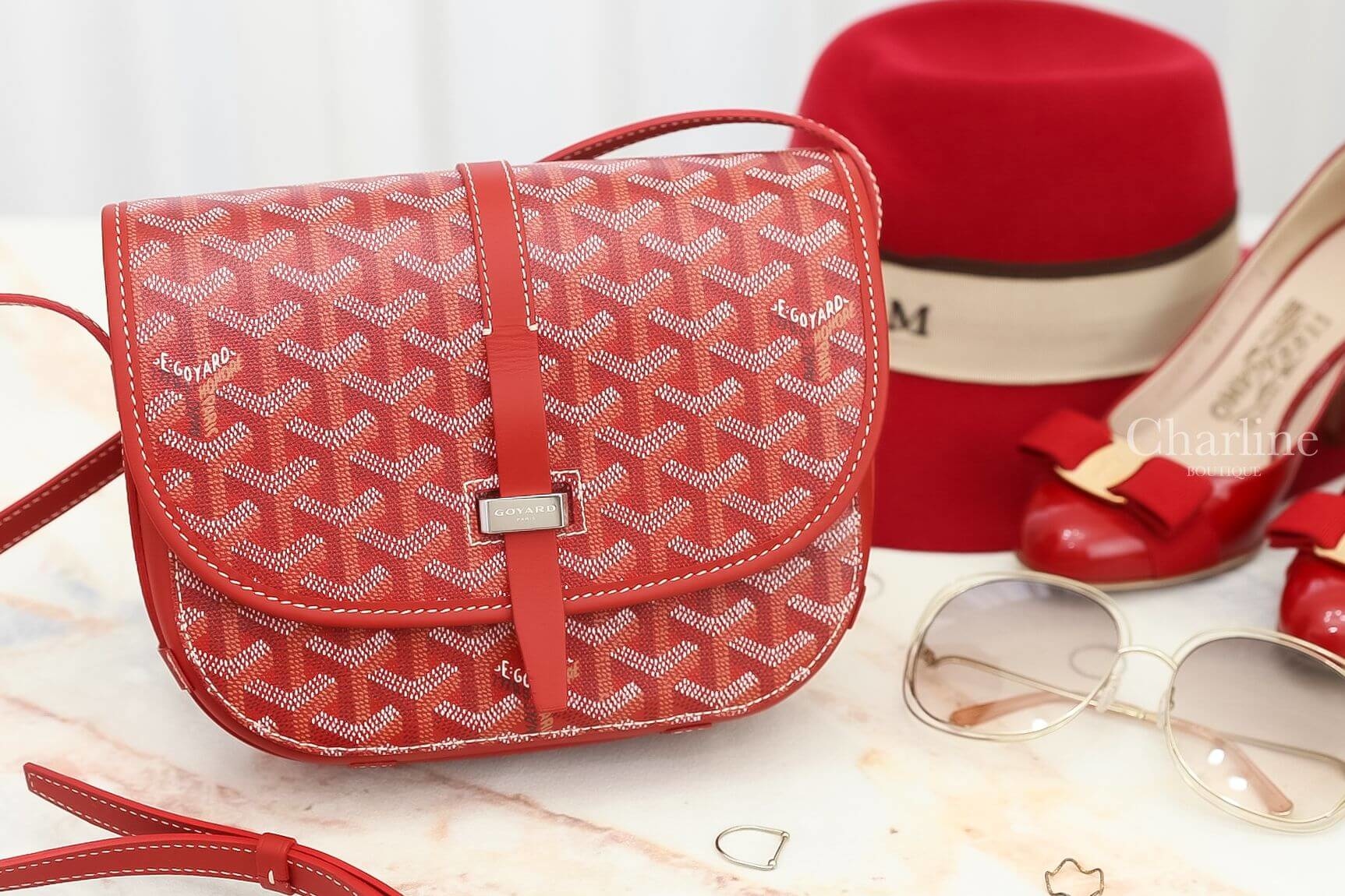 Goyard Belvedere PM Bag 紅色帆布小牛皮黃色內裡小型馬鞍肩背包