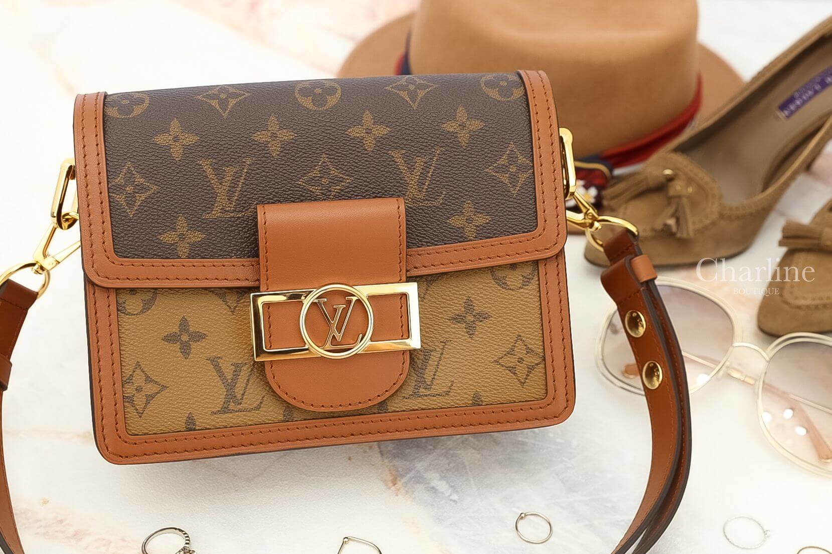 Louis Vuitton Mini Dauphine 咖啡色/焦糖拼色LV Logo迷你鍊帶肩背包